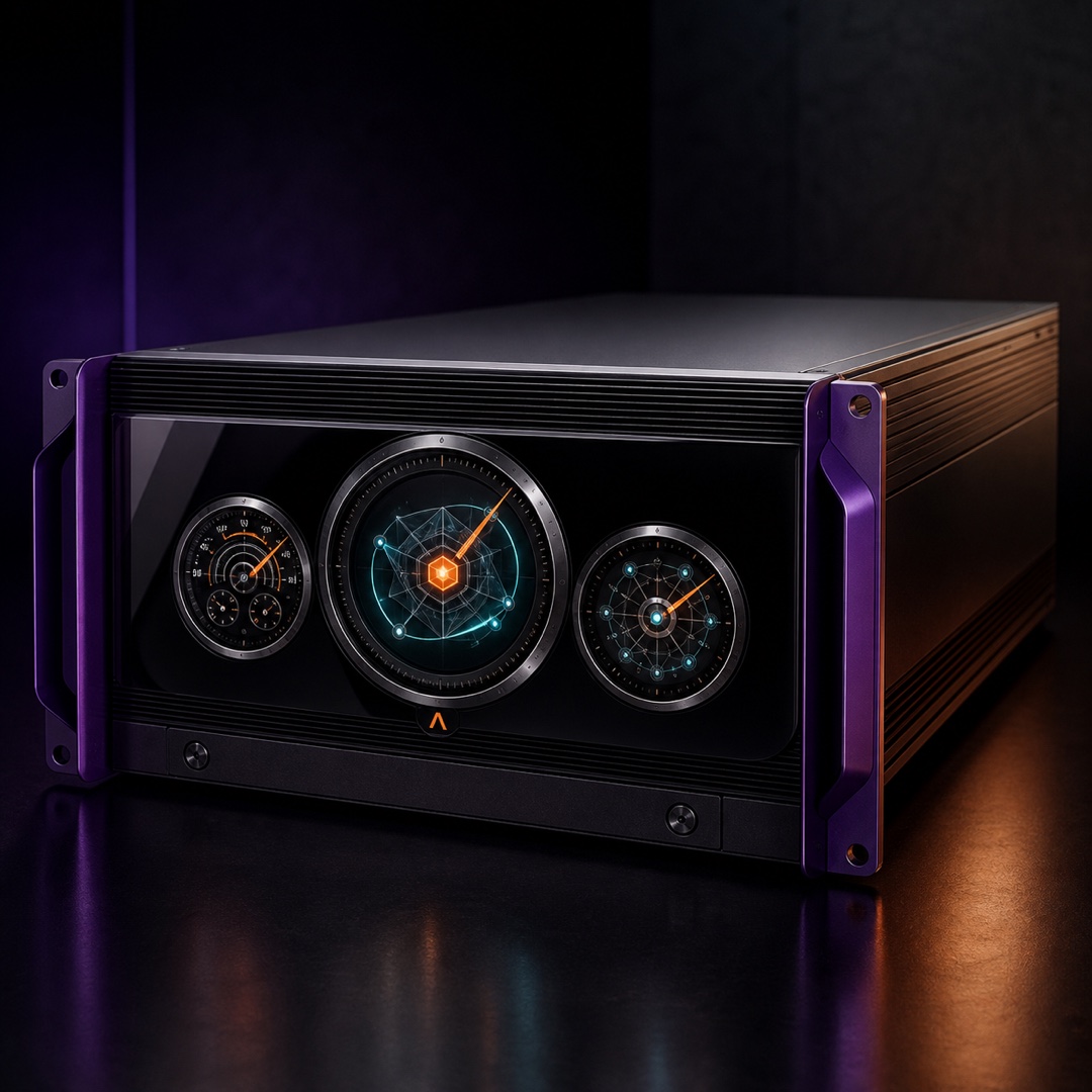 Rendering of Adappt's sovereign confidential-compute appliance — a rack-mounted unit with three instrument dials