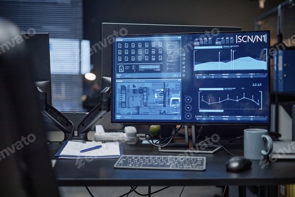 A desk with a monitor showing a security interface