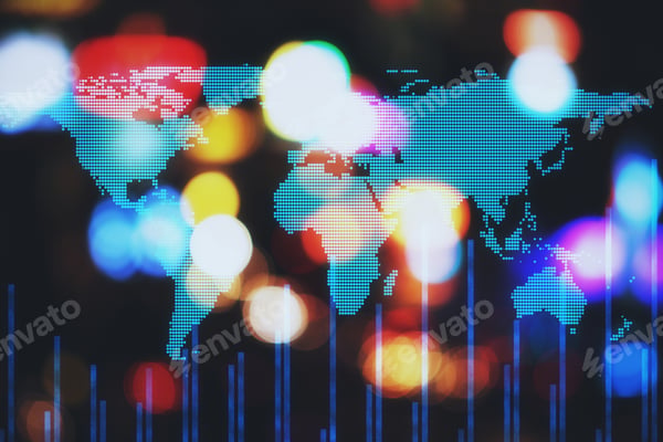 A digital world map with data overlays