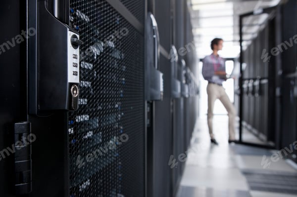 A lock securing a server cabinet